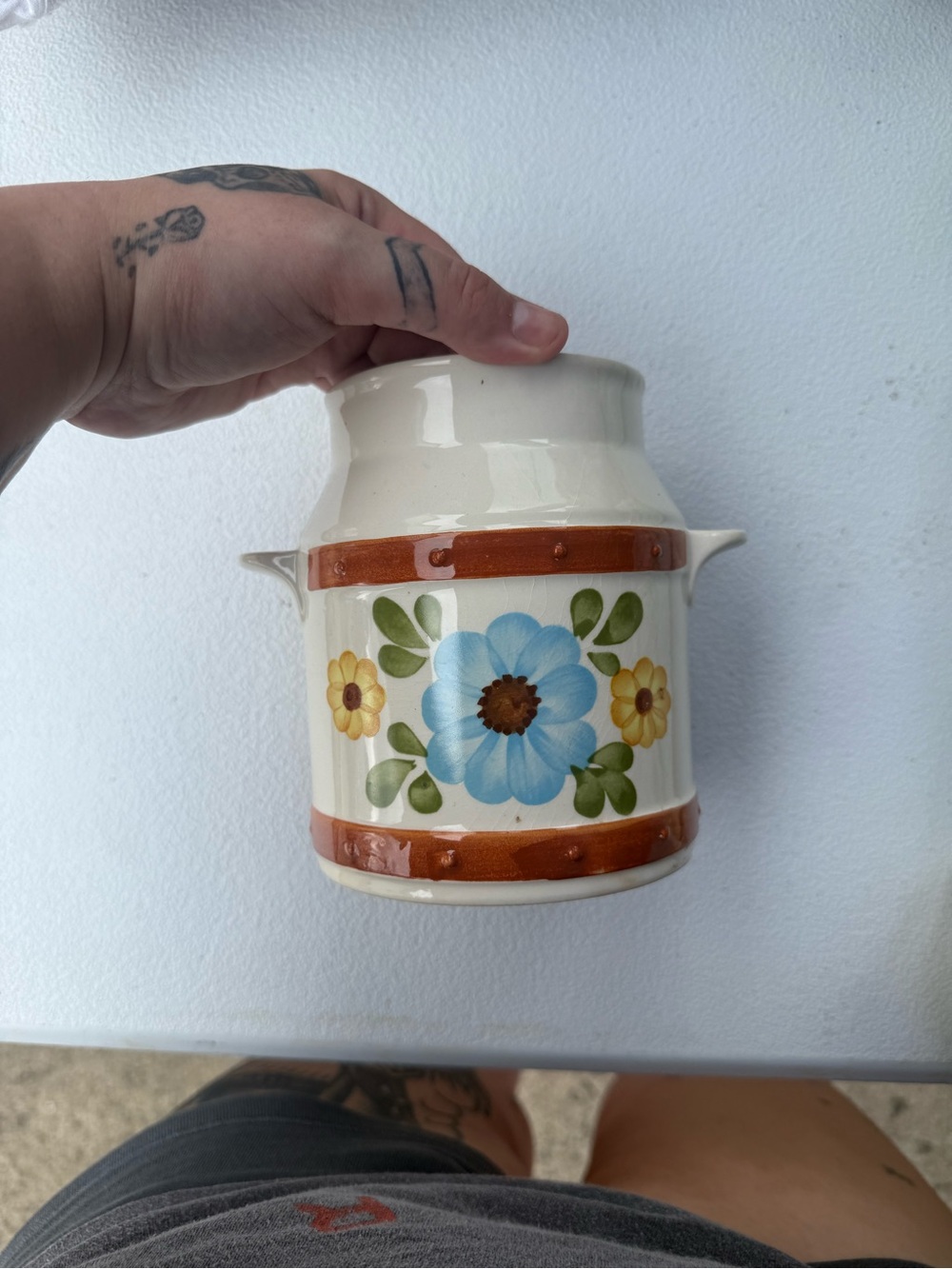 Hand-Painted Floral Ceramic Vase in Cream and Blue